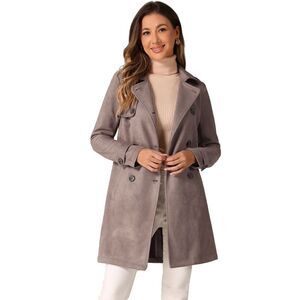 Notched Lapel Double Breasted Faux Suede Trench Coat with Belt Dark Beige
